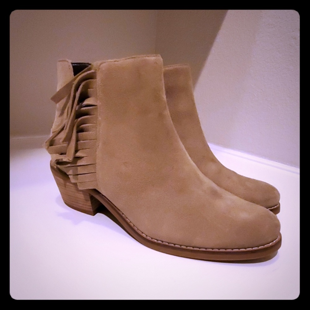Camel colored suede fringe boots